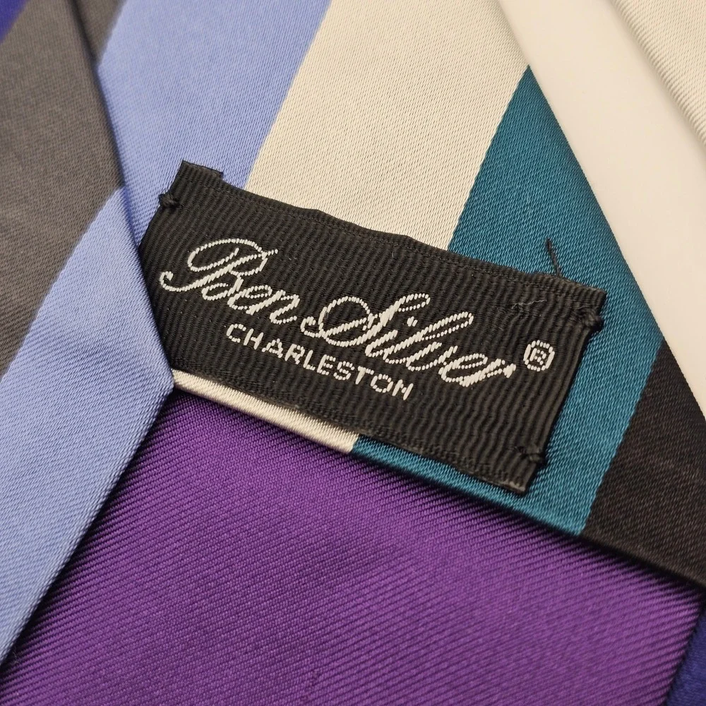 Ben Silver Silk Tie Blue Teal Grey Striped Preppy Ivy‎ League Handmade England